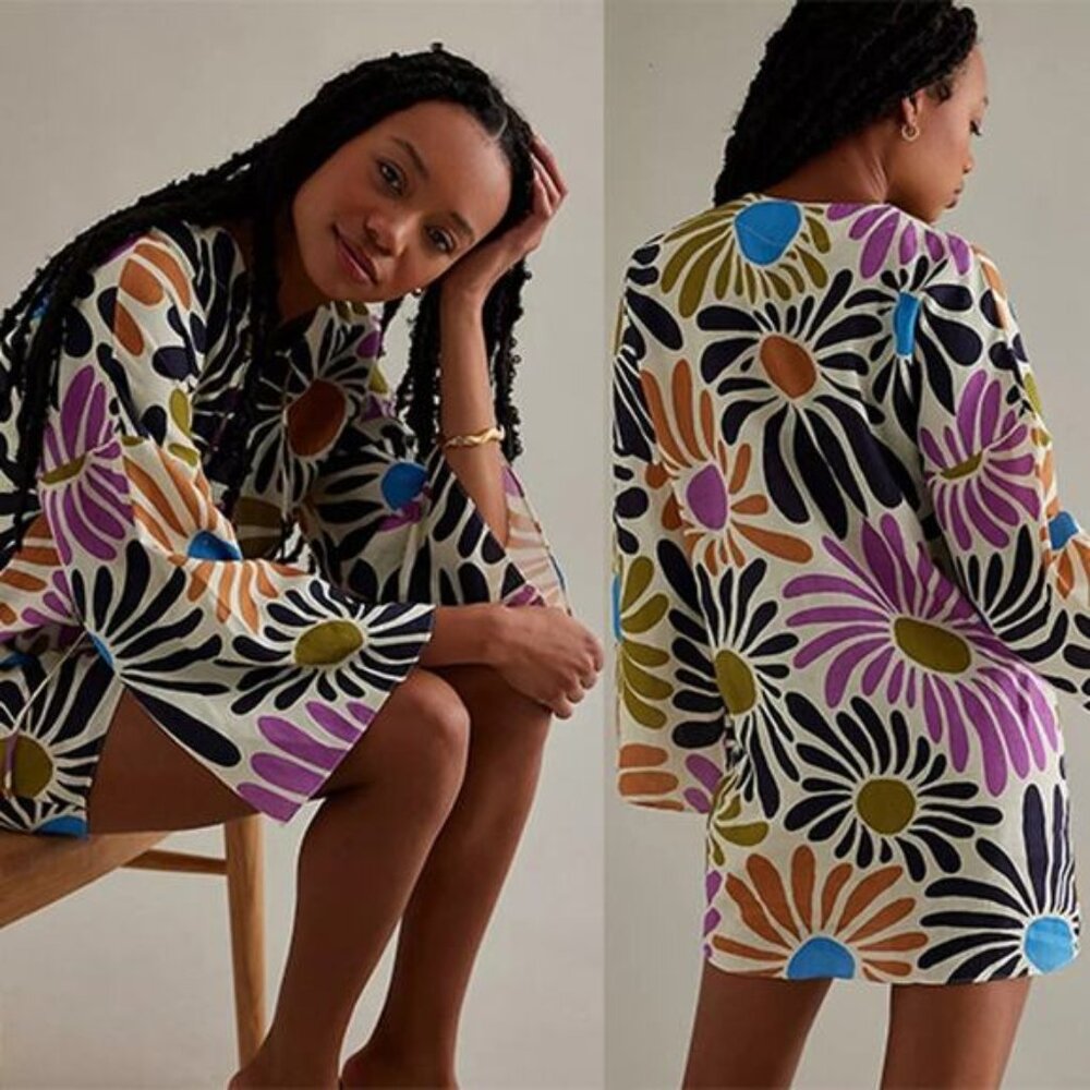 NEW Cala de la Cruz Turin Linen Bell Sleeve Floral Mini Dress Multi Color Size:L